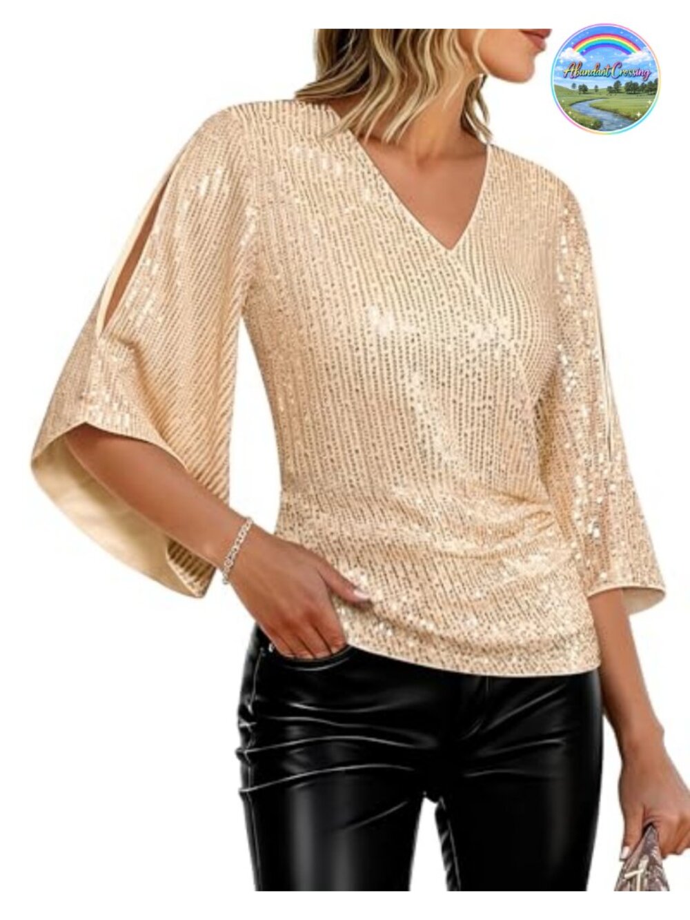 Sequin Sparkly Party Blouse V-Neck 3/4 Bell Sleeve Slim Fit Evening Top